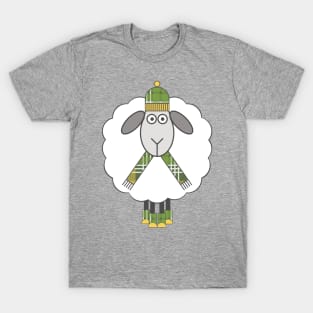 Cosy Winter Sheep With Green and Yellow Tartan Hat, Scarf and Boots T-Shirt